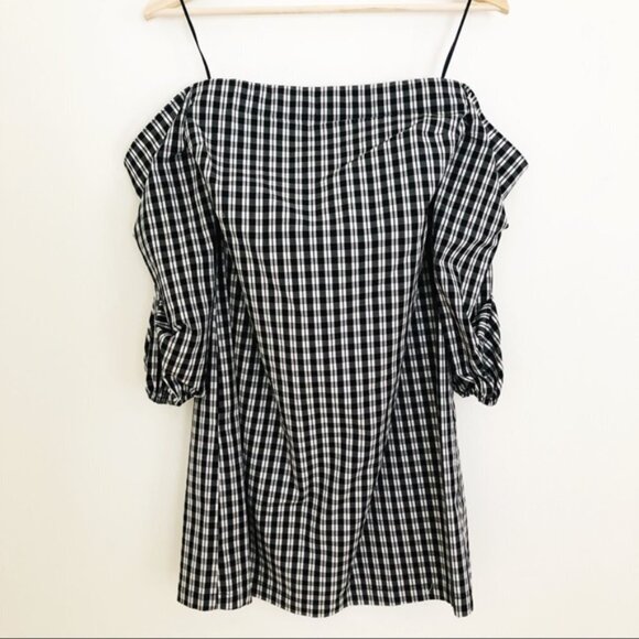 1.State Off the Shoulder Plaid Gingham Dress Black - Picture 2 of 4